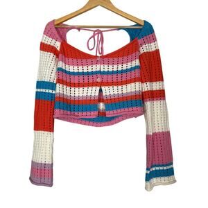 Lovers + Friends Crochet Stripe Cropped Sweater Kendra Open Knit Medium Revolve